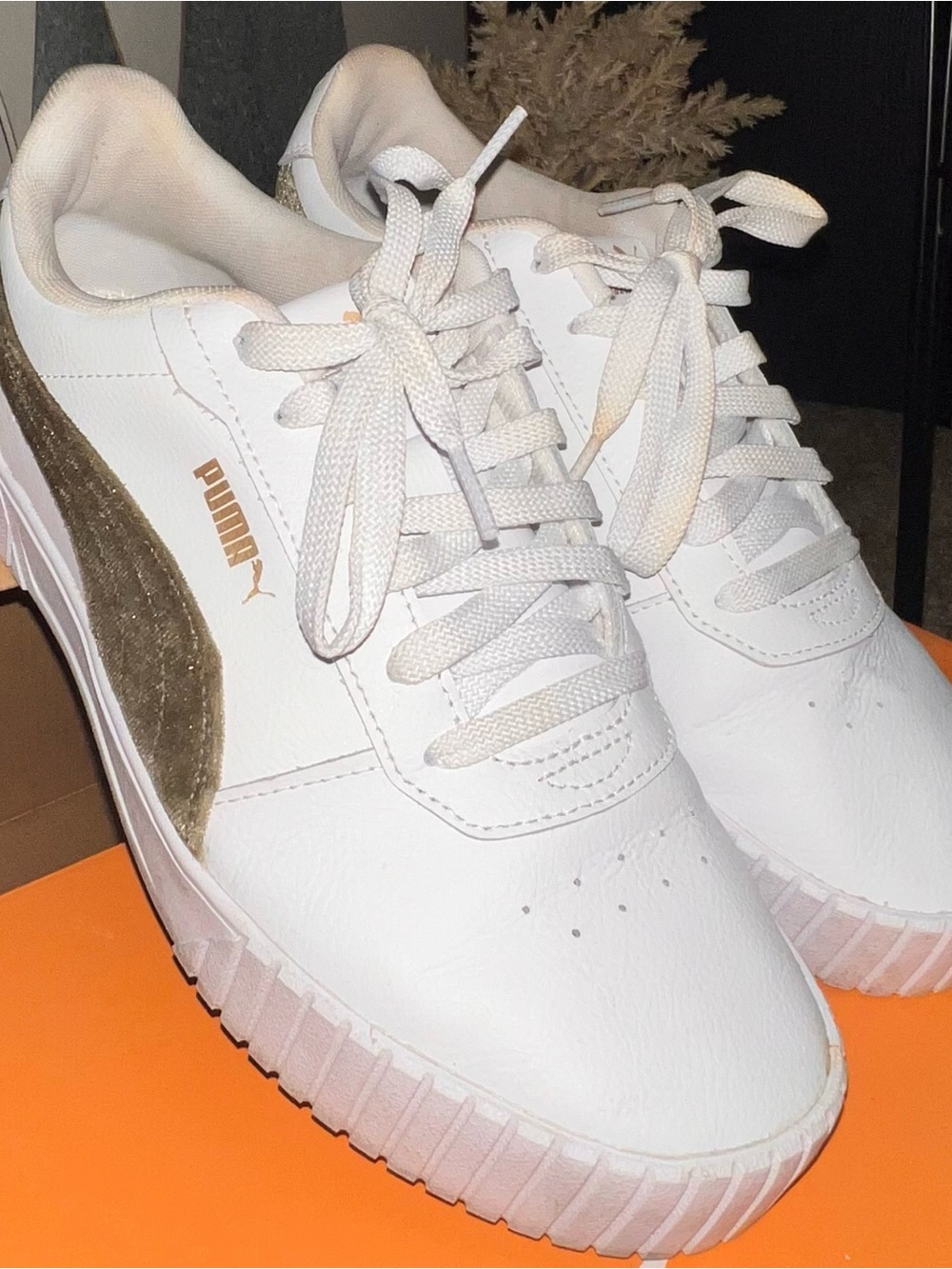 Puma Women's White Leather Sneakers with Gold Suede Formstrip